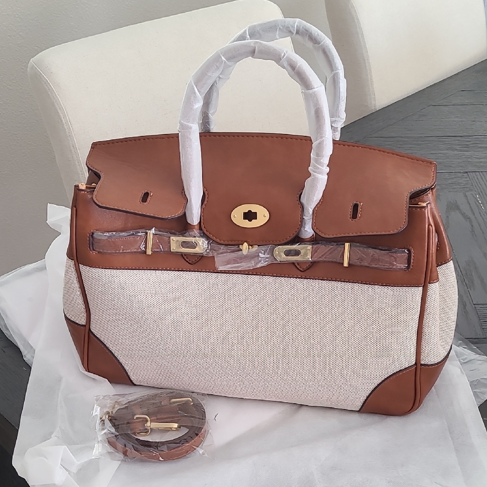 Convertible Tan Leather-Trim Cream Canvas Travel Tote.   Reposhing.